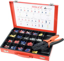 Crimping set cable lugs, plugs and connectors including crimping tool
