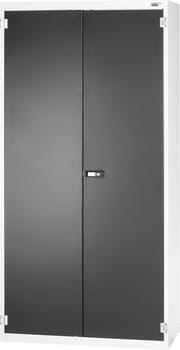 Modular shelving cabinet with plain sheet metal swing doors equipped with storage bins 2000 mm